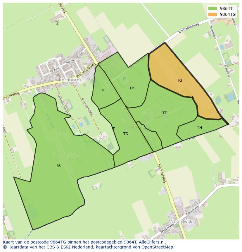 Afbeelding van het postcodegebied 9864 TG op de kaart.