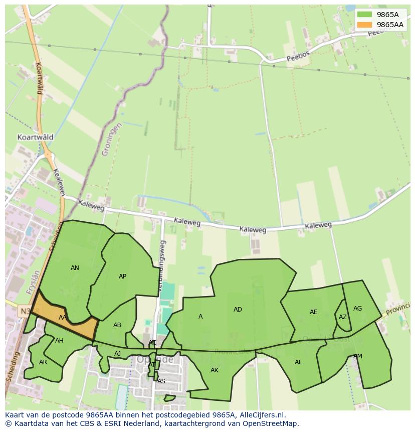 Afbeelding van het postcodegebied 9865 AA op de kaart.