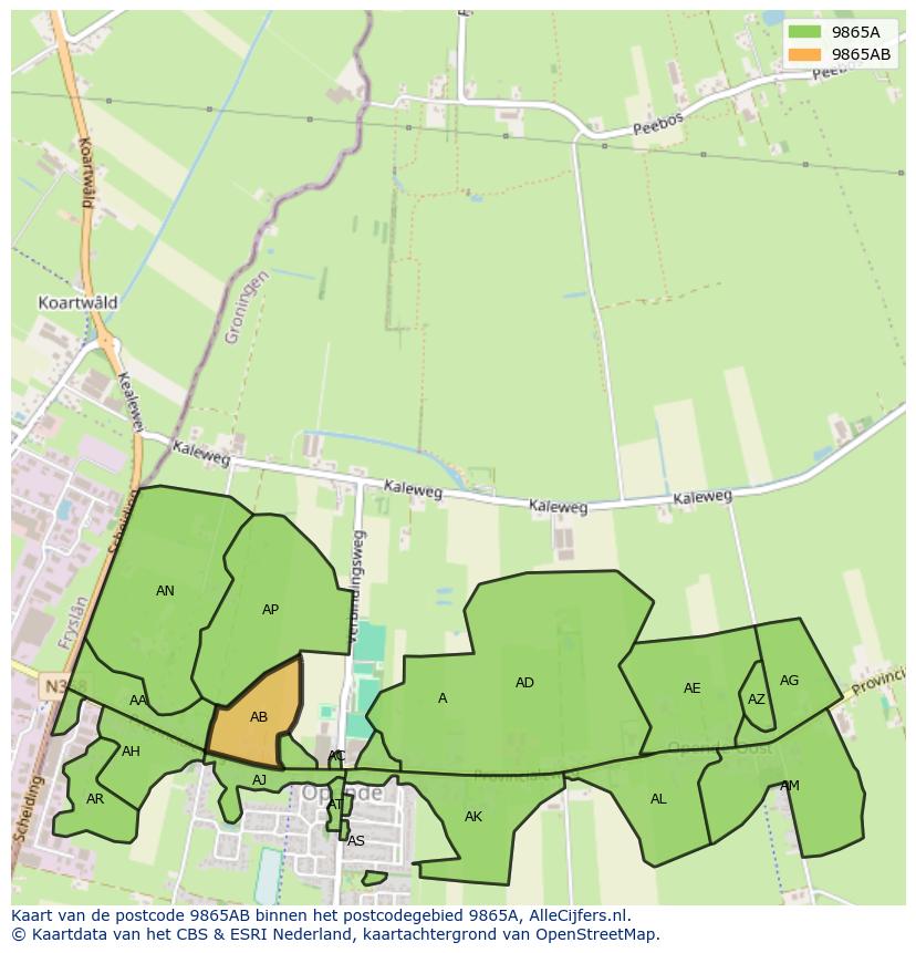 Afbeelding van het postcodegebied 9865 AB op de kaart.