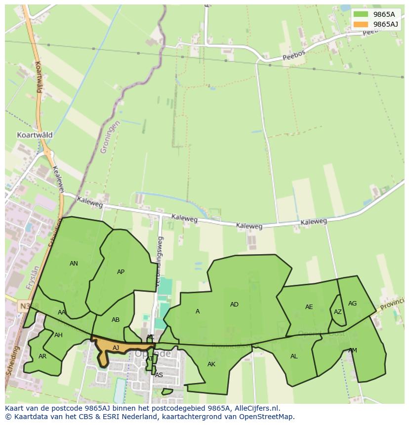 Afbeelding van het postcodegebied 9865 AJ op de kaart.