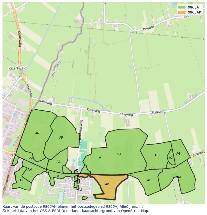 Afbeelding van het postcodegebied 9865 AK op de kaart.