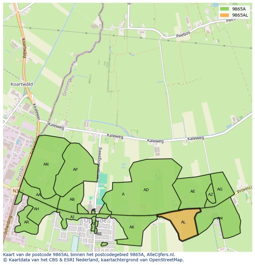 Afbeelding van het postcodegebied 9865 AL op de kaart.