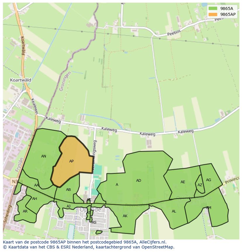 Afbeelding van het postcodegebied 9865 AP op de kaart.