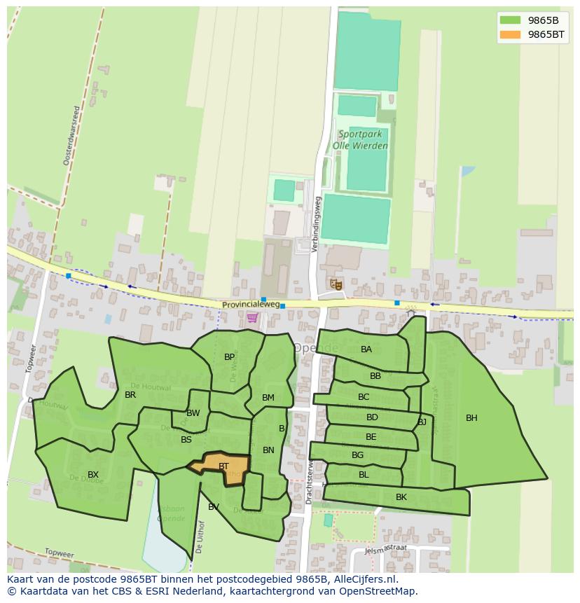 Afbeelding van het postcodegebied 9865 BT op de kaart.