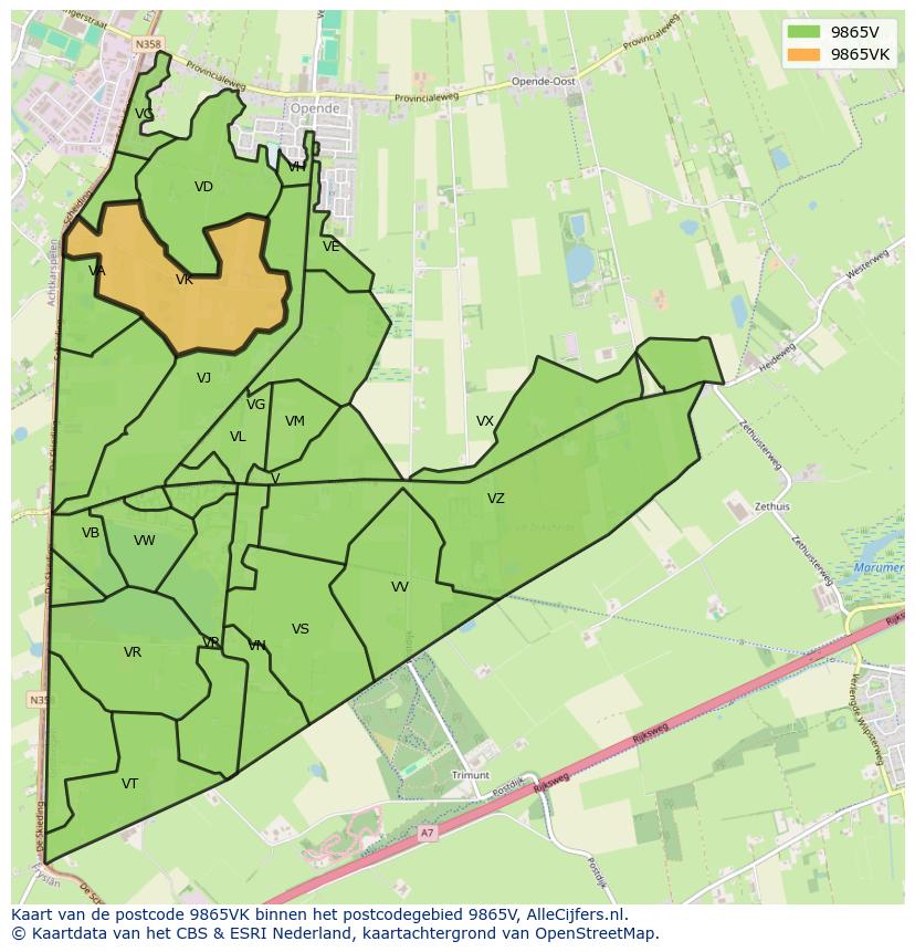 Afbeelding van het postcodegebied 9865 VK op de kaart.