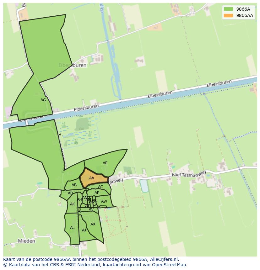 Afbeelding van het postcodegebied 9866 AA op de kaart.