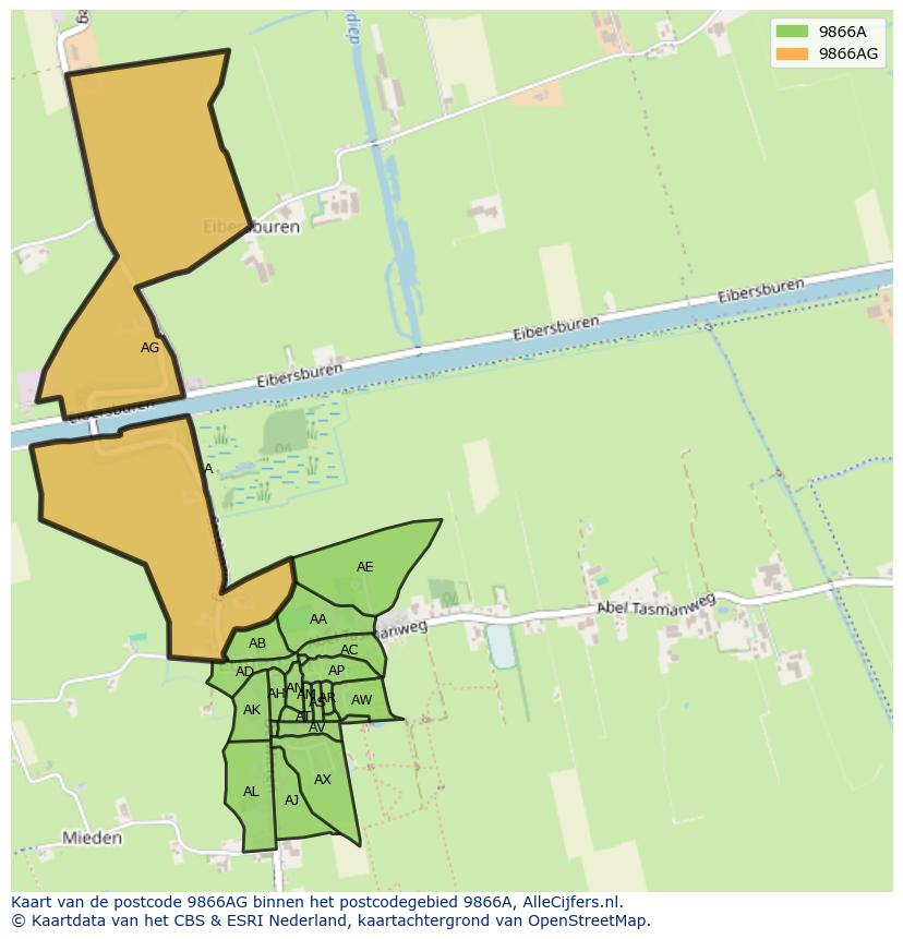 Afbeelding van het postcodegebied 9866 AG op de kaart.