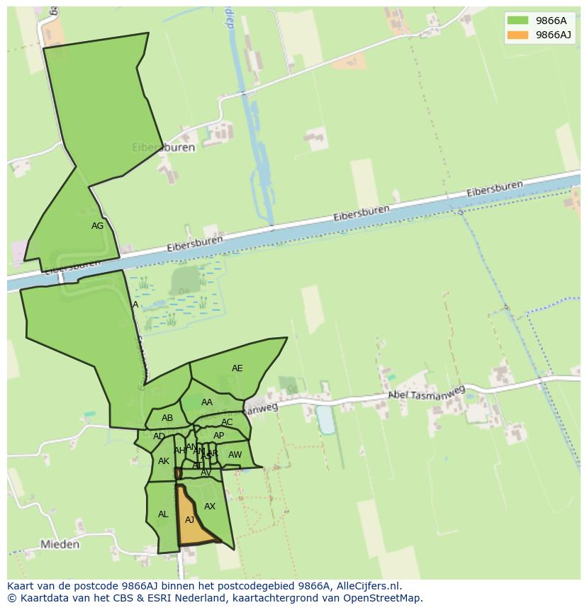 Afbeelding van het postcodegebied 9866 AJ op de kaart.