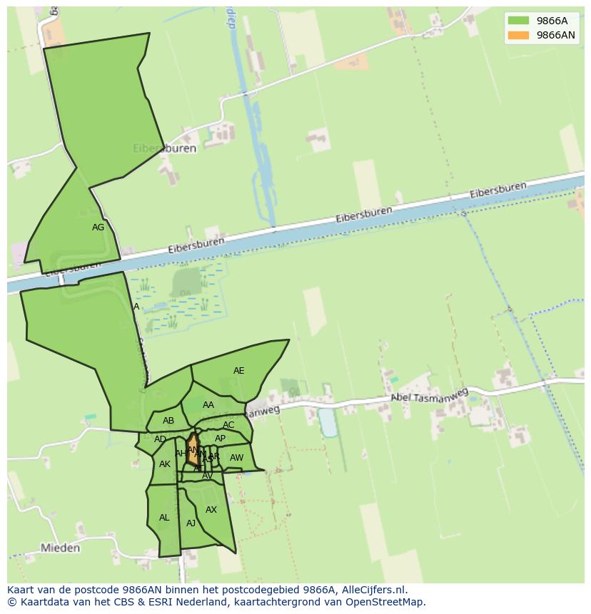 Afbeelding van het postcodegebied 9866 AN op de kaart.
