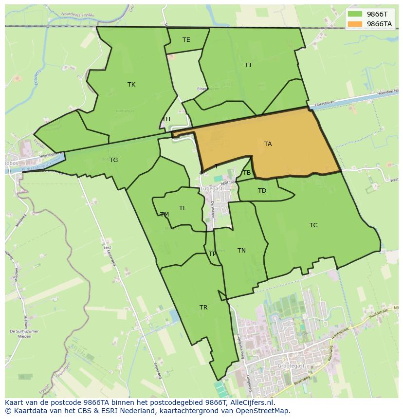 Afbeelding van het postcodegebied 9866 TA op de kaart.