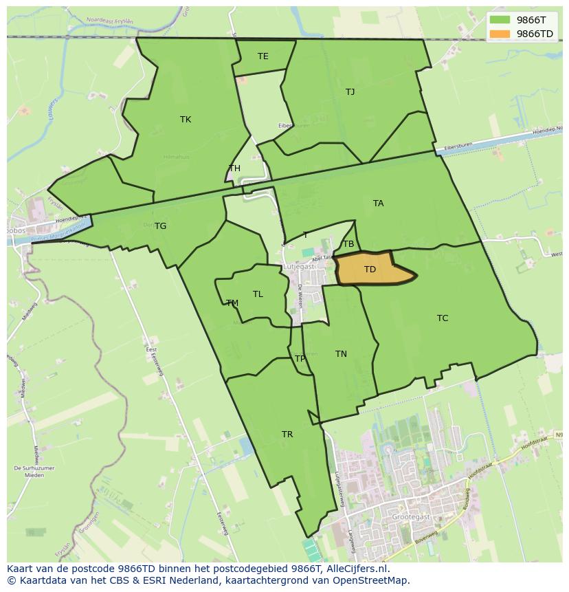 Afbeelding van het postcodegebied 9866 TD op de kaart.