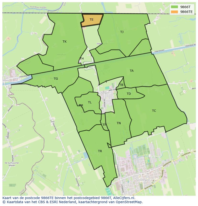 Afbeelding van het postcodegebied 9866 TE op de kaart.