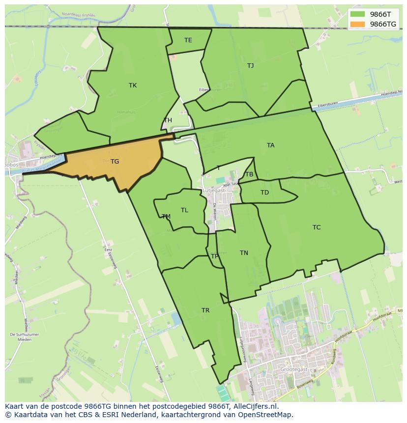 Afbeelding van het postcodegebied 9866 TG op de kaart.