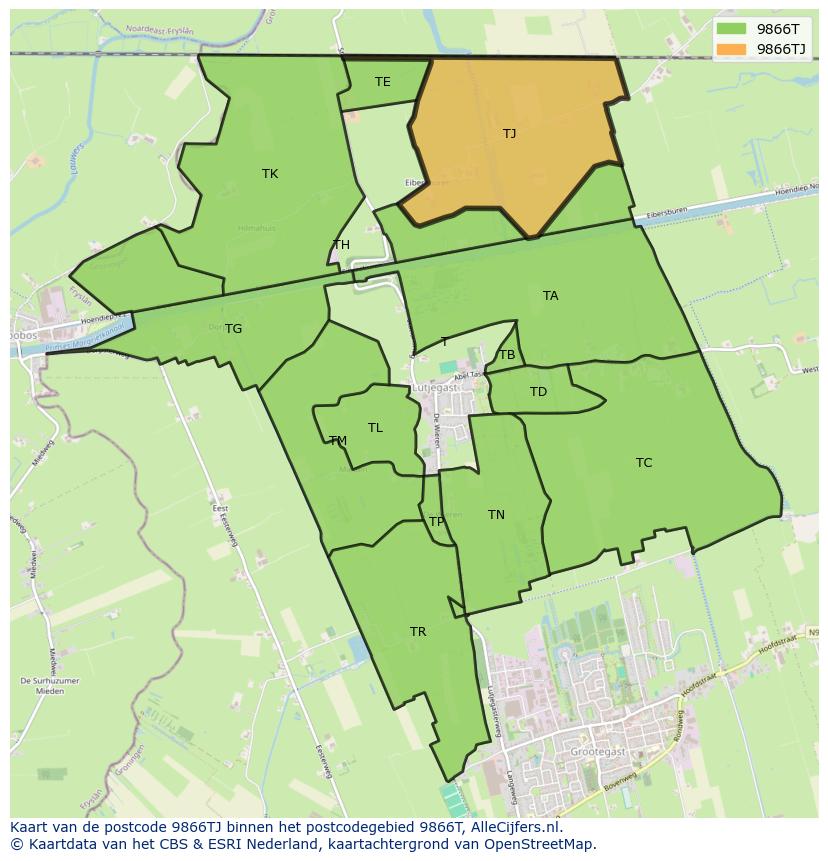 Afbeelding van het postcodegebied 9866 TJ op de kaart.