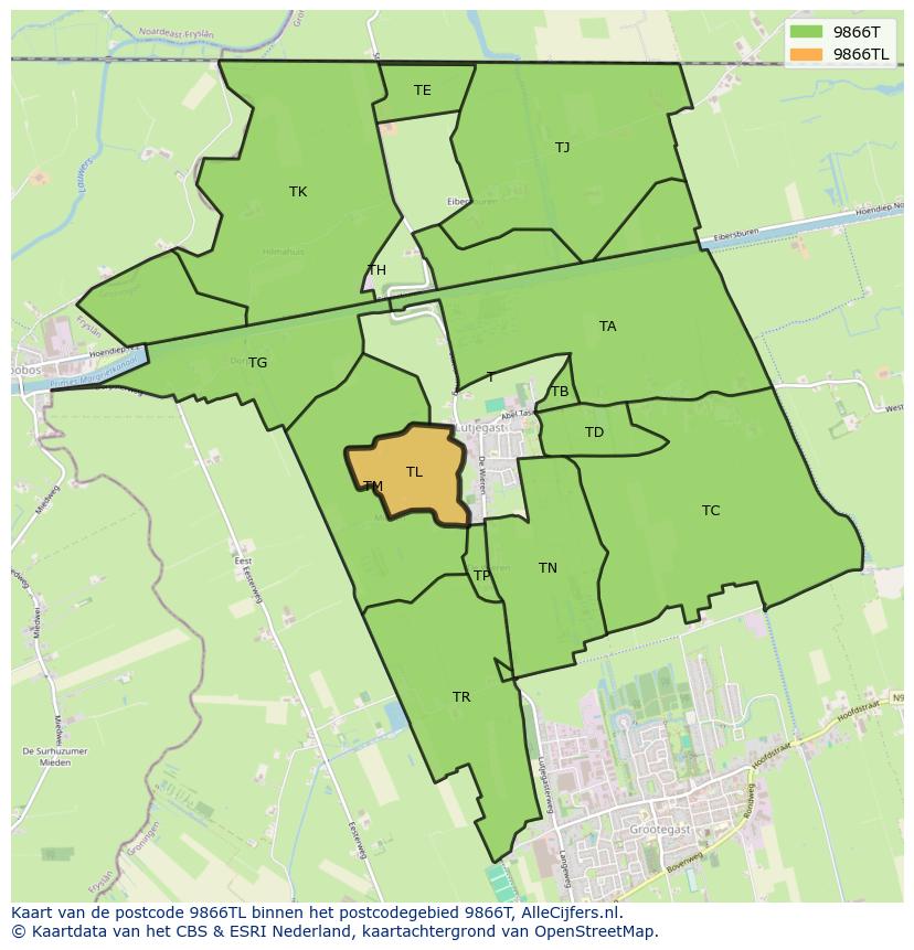 Afbeelding van het postcodegebied 9866 TL op de kaart.