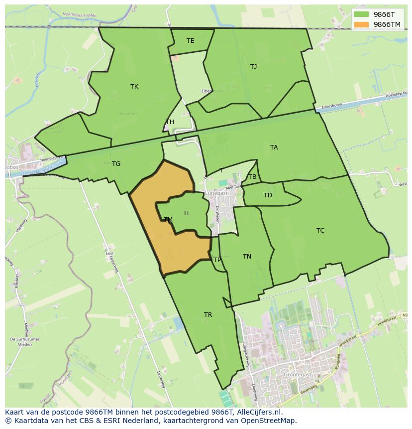 Afbeelding van het postcodegebied 9866 TM op de kaart.