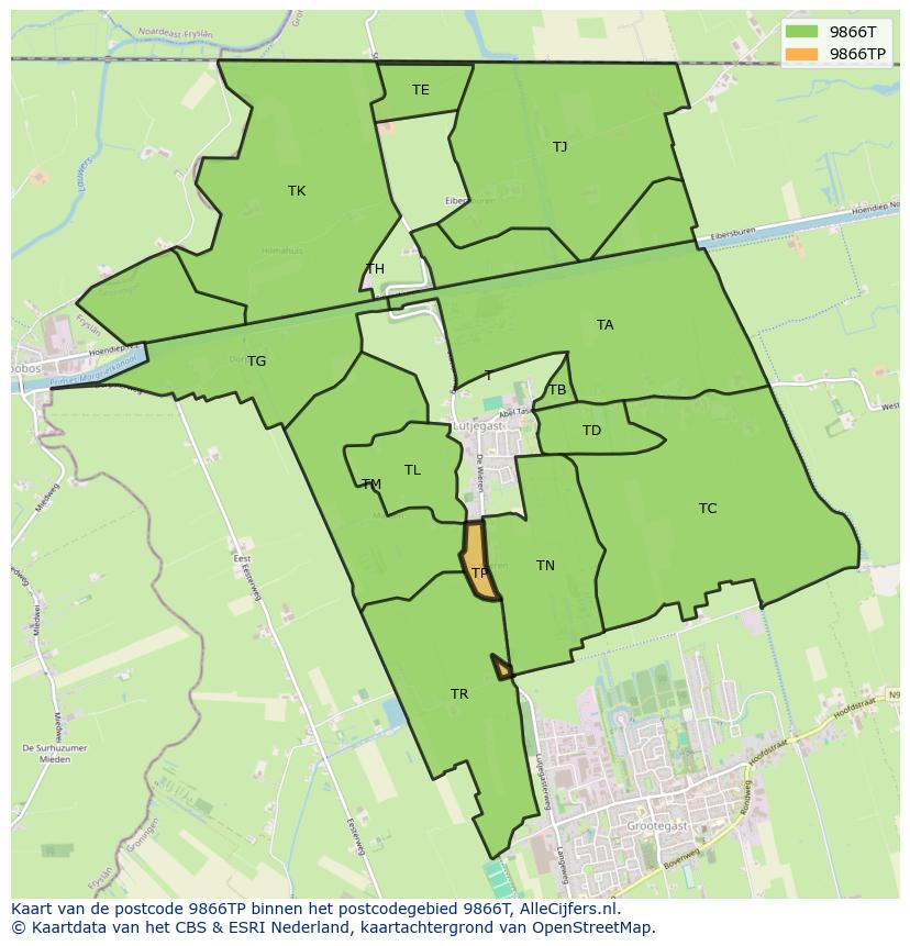 Afbeelding van het postcodegebied 9866 TP op de kaart.