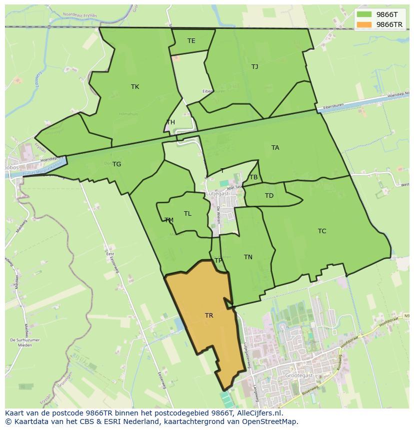 Afbeelding van het postcodegebied 9866 TR op de kaart.