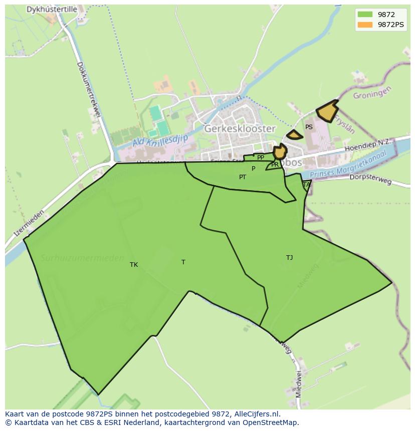 Afbeelding van het postcodegebied 9872 PS op de kaart.