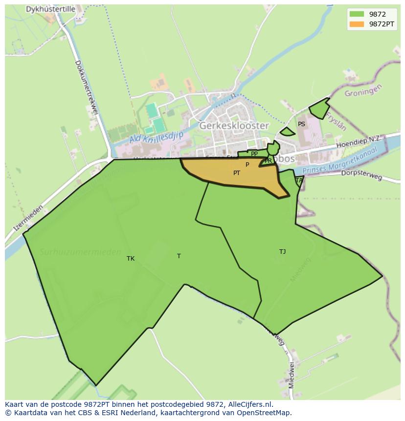 Afbeelding van het postcodegebied 9872 PT op de kaart.