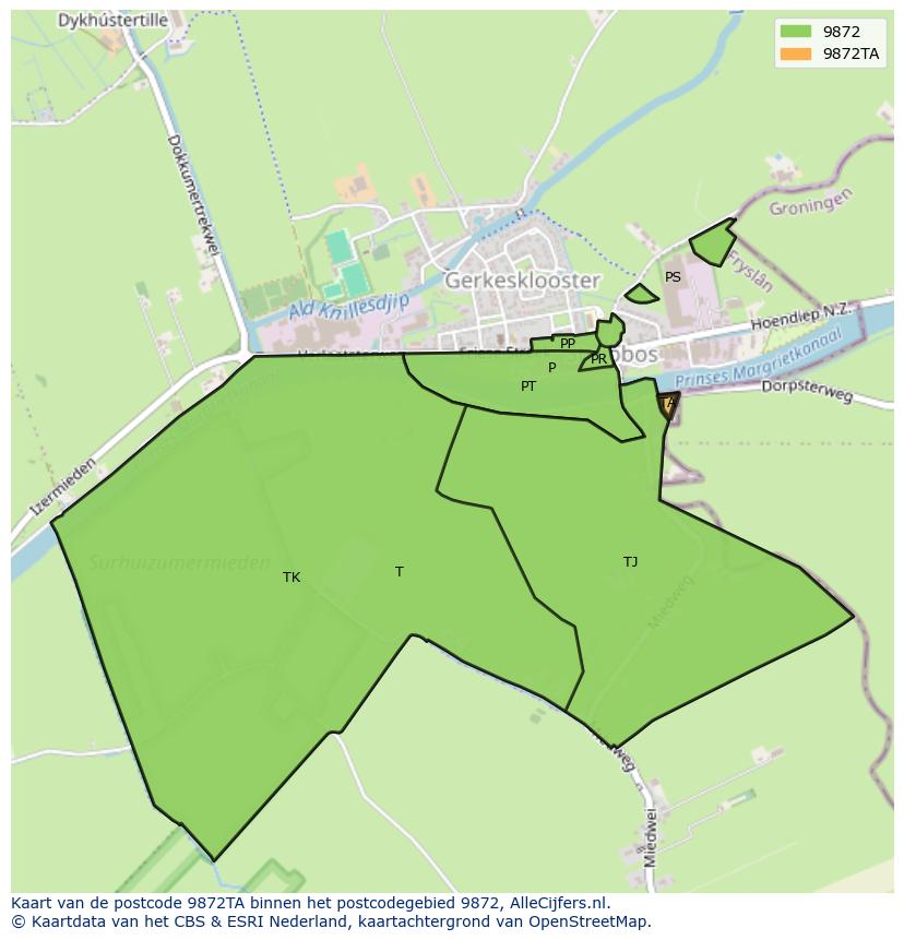 Afbeelding van het postcodegebied 9872 TA op de kaart.