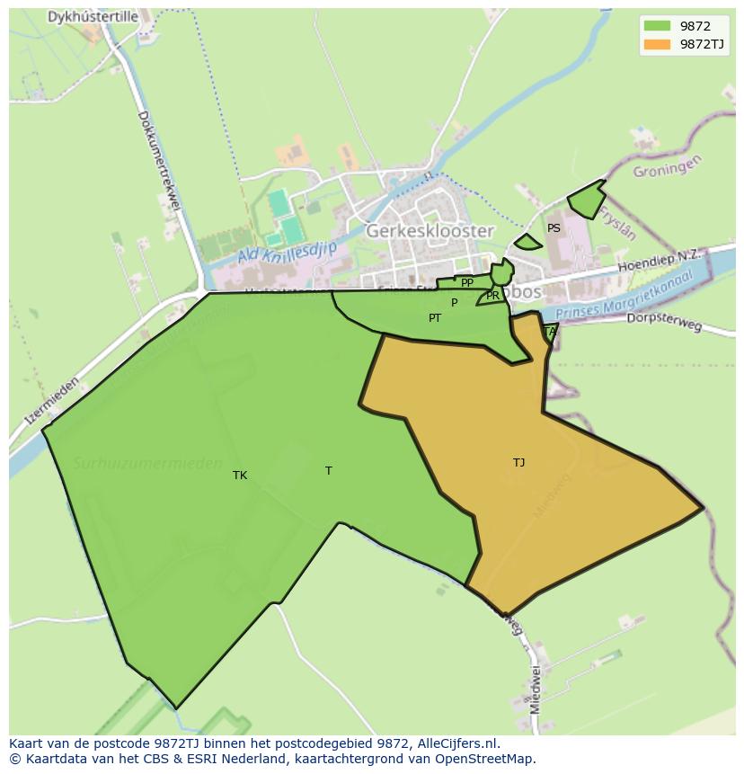 Afbeelding van het postcodegebied 9872 TJ op de kaart.