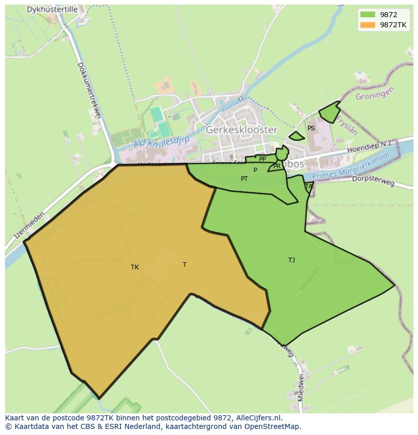 Afbeelding van het postcodegebied 9872 TK op de kaart.
