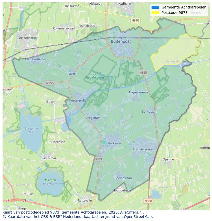 Afbeelding van het postcodegebied 9873 op de kaart.