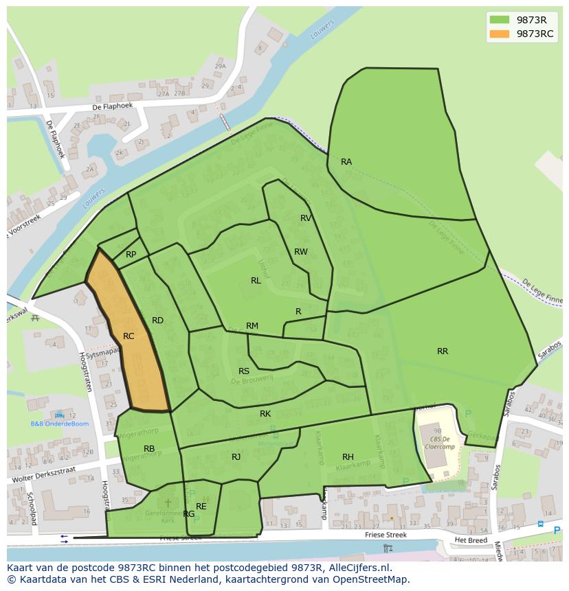 Afbeelding van het postcodegebied 9873 RC op de kaart.
