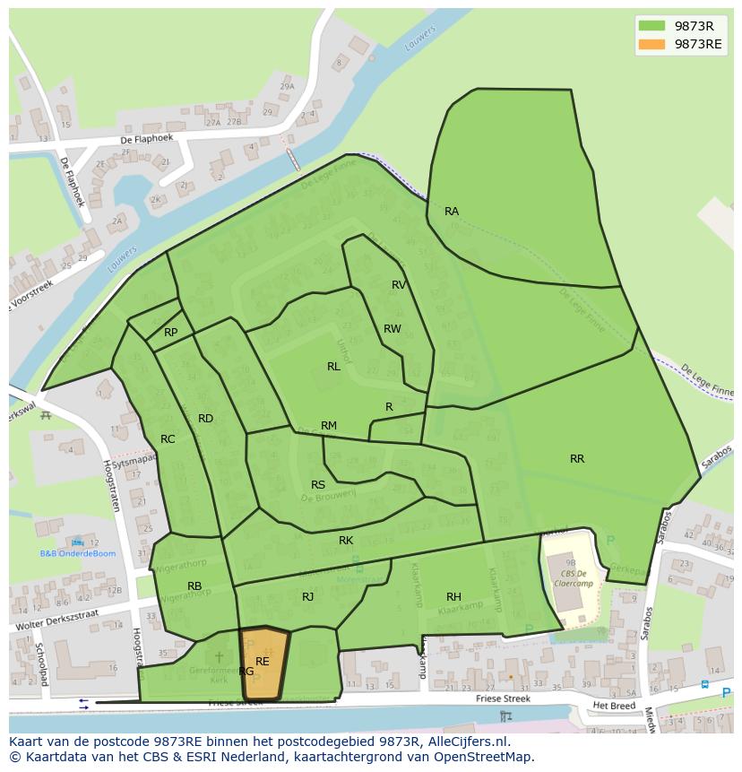 Afbeelding van het postcodegebied 9873 RE op de kaart.