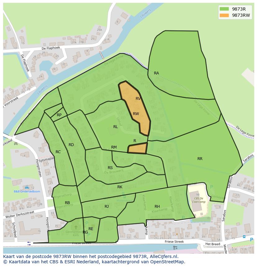 Afbeelding van het postcodegebied 9873 RW op de kaart.