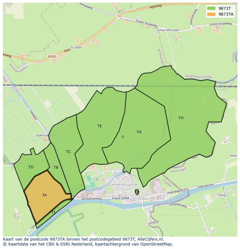 Afbeelding van het postcodegebied 9873 TA op de kaart.