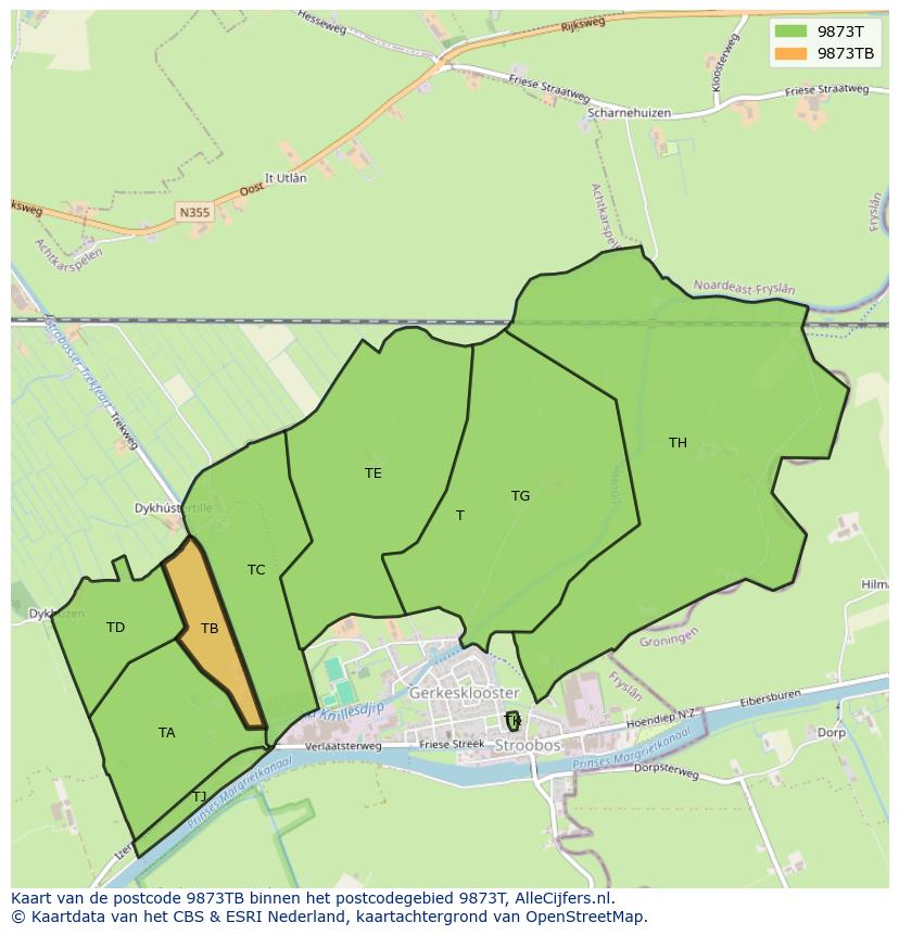 Afbeelding van het postcodegebied 9873 TB op de kaart.