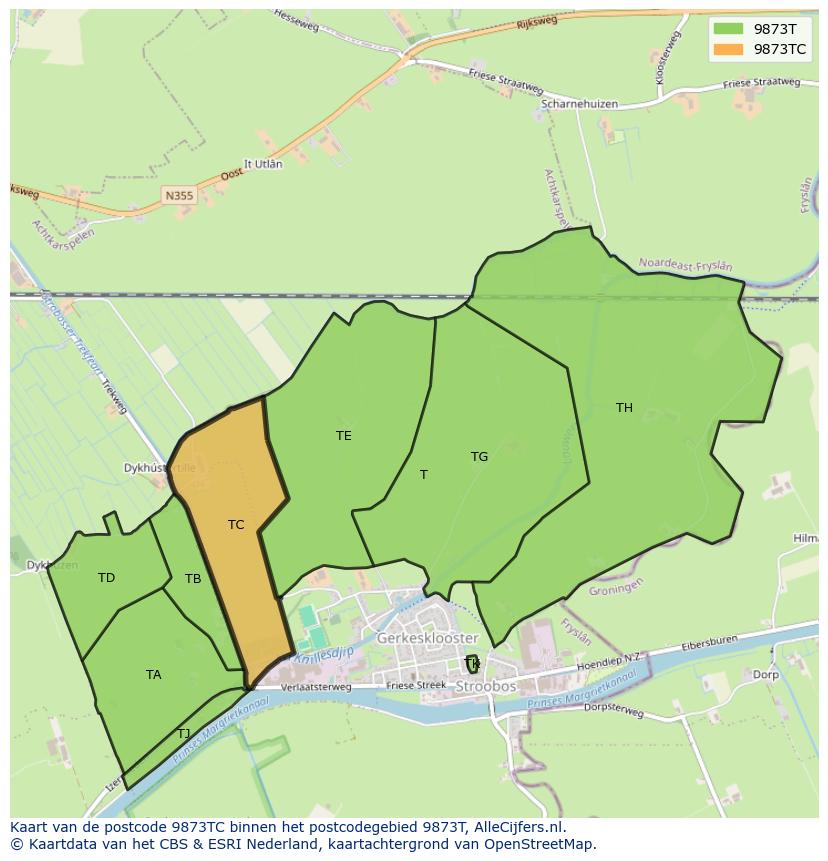 Afbeelding van het postcodegebied 9873 TC op de kaart.