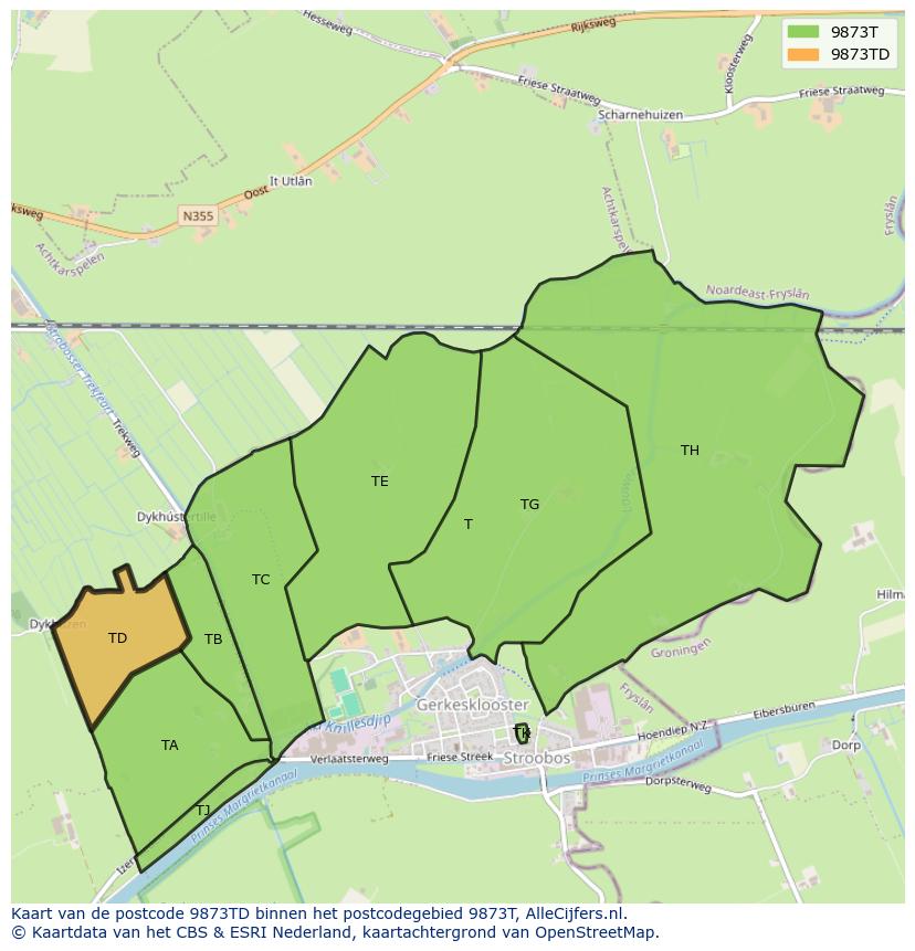 Afbeelding van het postcodegebied 9873 TD op de kaart.