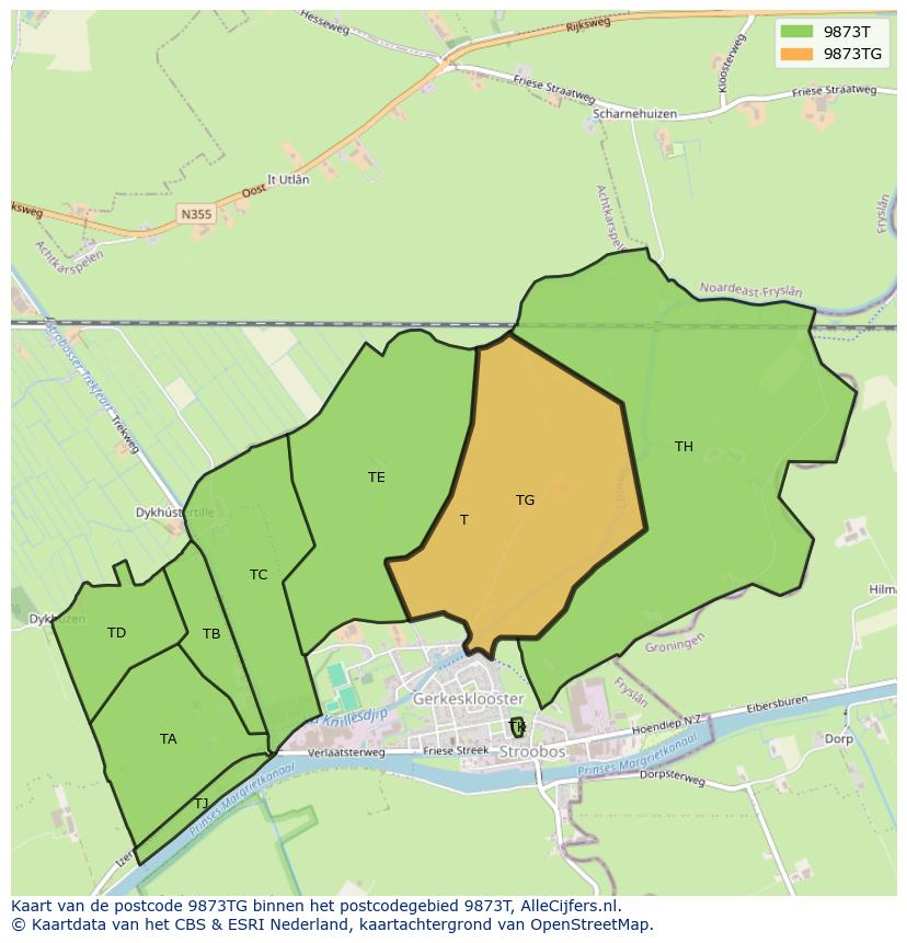 Afbeelding van het postcodegebied 9873 TG op de kaart.