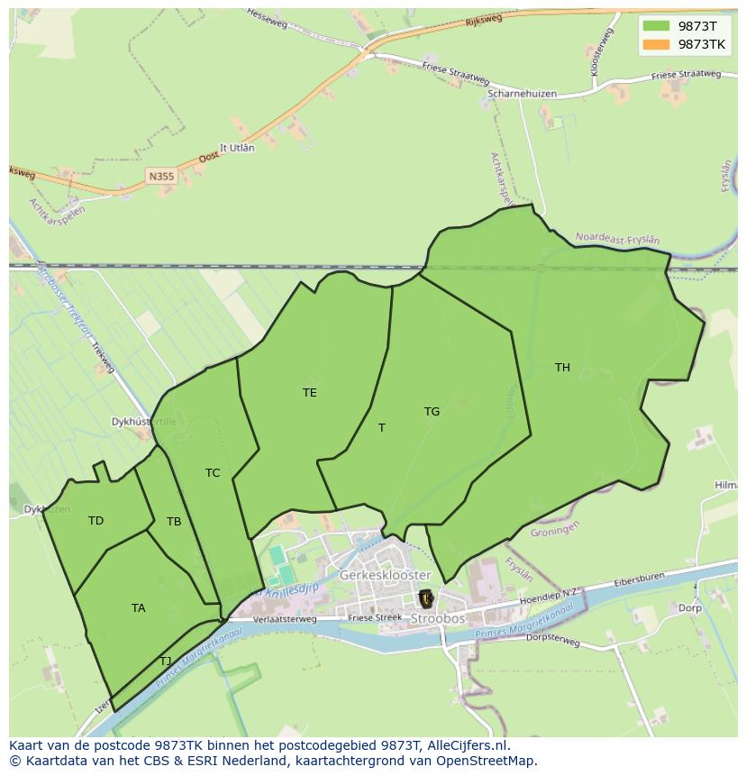 Afbeelding van het postcodegebied 9873 TK op de kaart.