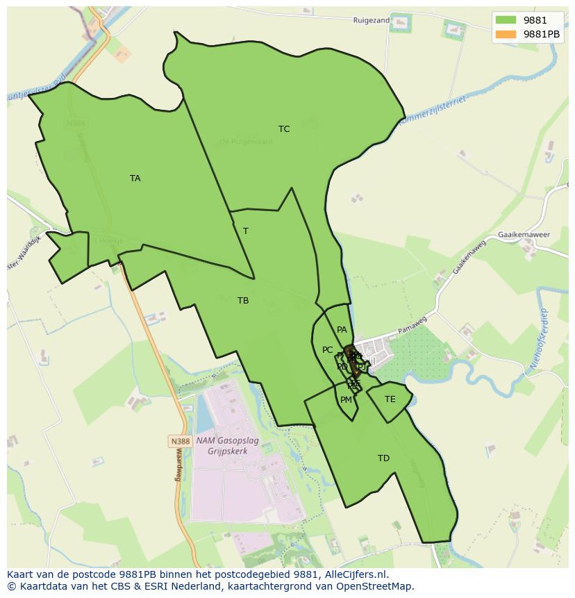 Afbeelding van het postcodegebied 9881 PB op de kaart.