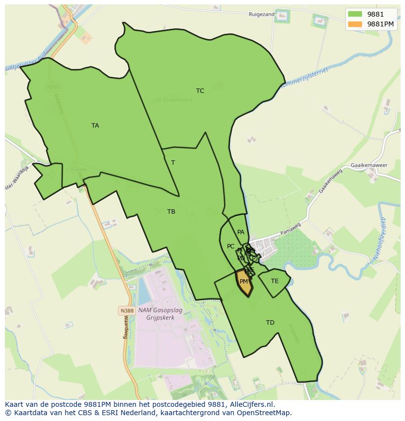 Afbeelding van het postcodegebied 9881 PM op de kaart.