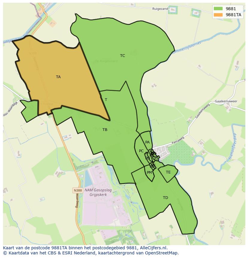 Afbeelding van het postcodegebied 9881 TA op de kaart.