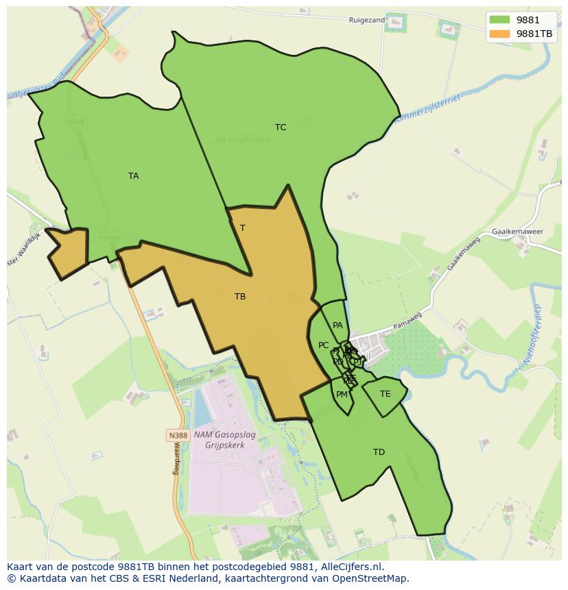 Afbeelding van het postcodegebied 9881 TB op de kaart.