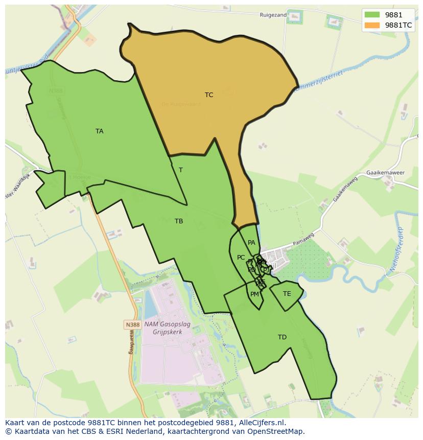 Afbeelding van het postcodegebied 9881 TC op de kaart.