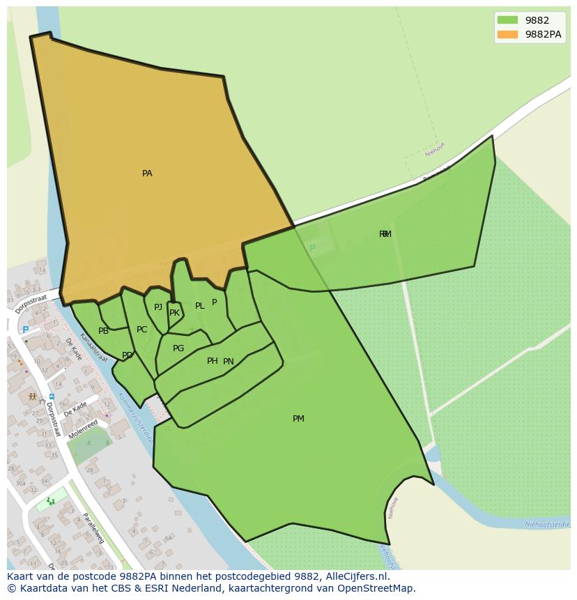 Afbeelding van het postcodegebied 9882 PA op de kaart.
