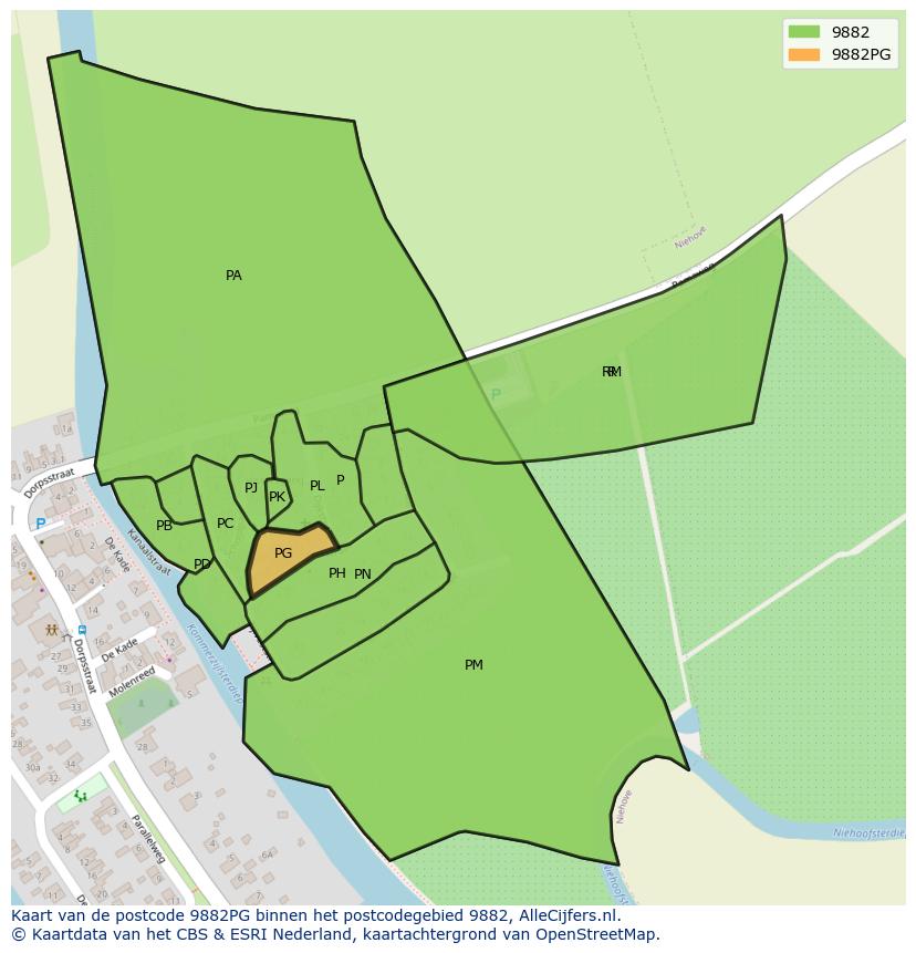 Afbeelding van het postcodegebied 9882 PG op de kaart.