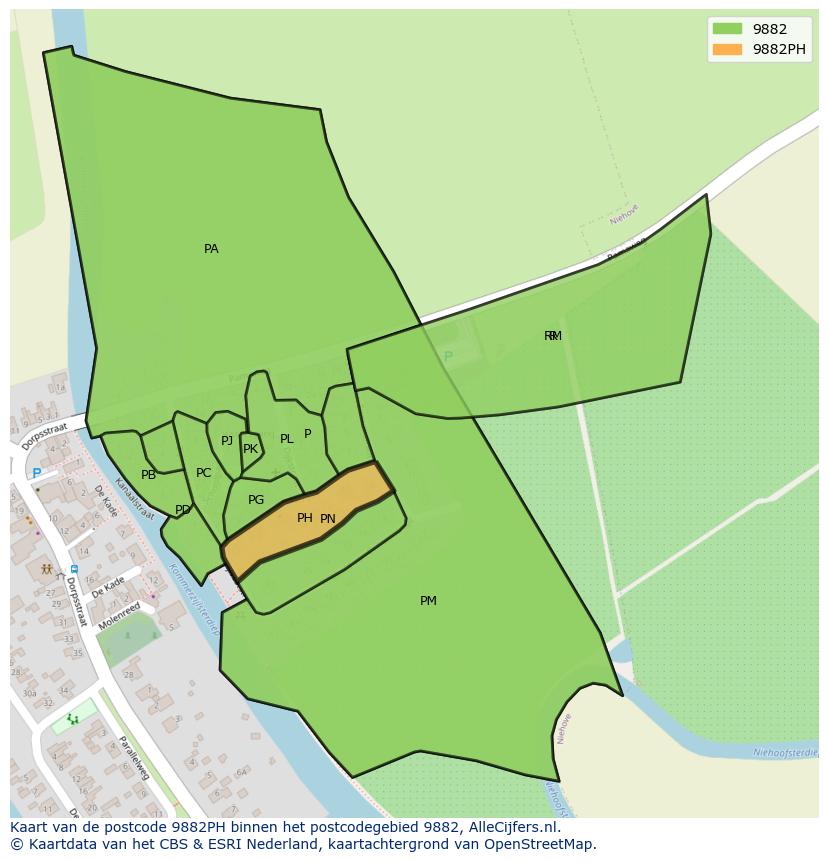 Afbeelding van het postcodegebied 9882 PH op de kaart.