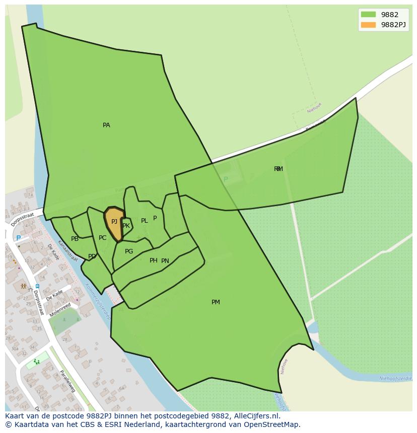 Afbeelding van het postcodegebied 9882 PJ op de kaart.