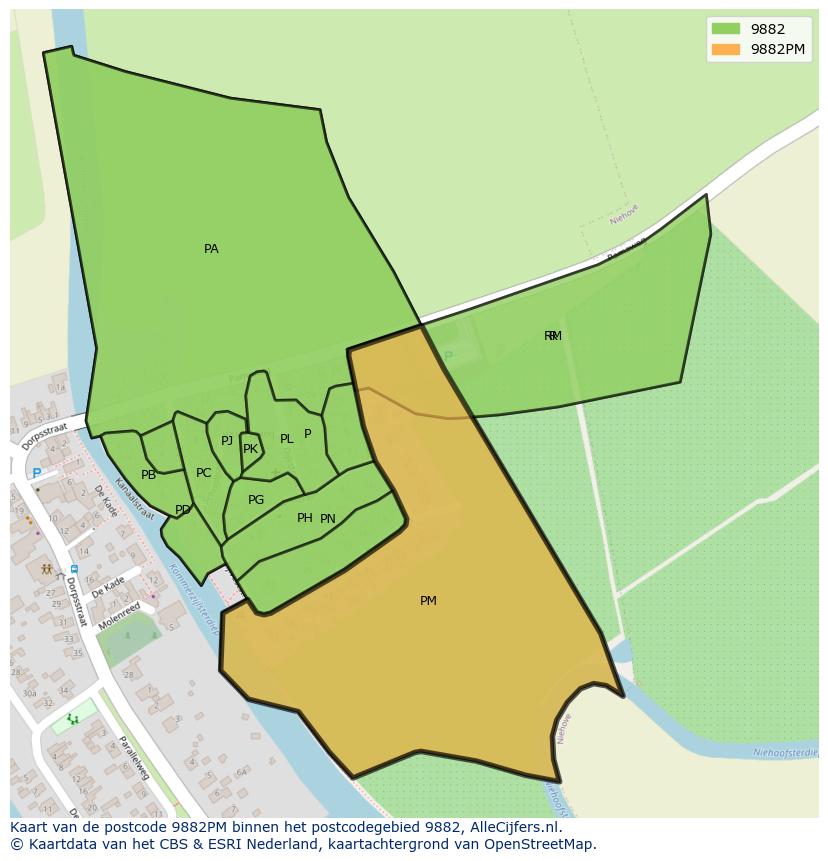 Afbeelding van het postcodegebied 9882 PM op de kaart.