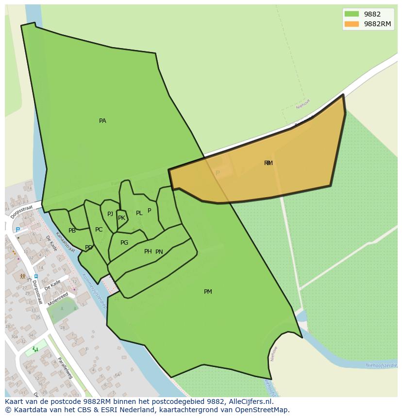 Afbeelding van het postcodegebied 9882 RM op de kaart.