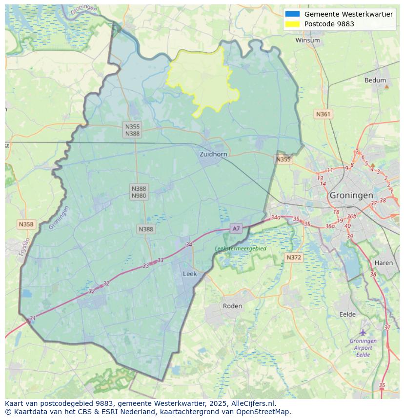 Afbeelding van het postcodegebied 9883 op de kaart.