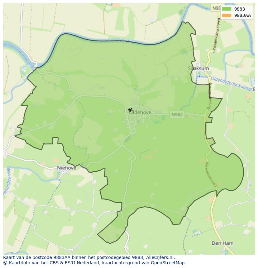 Afbeelding van het postcodegebied 9883 AA op de kaart.